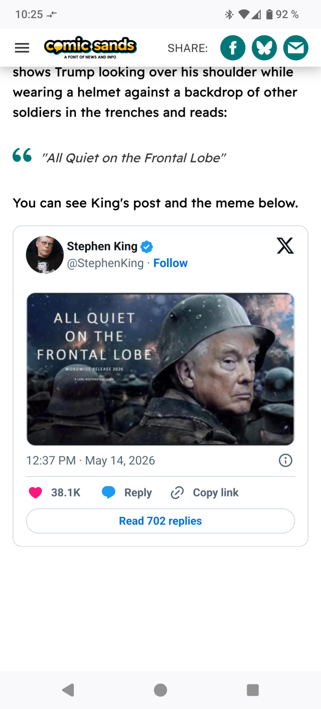 Meme von Stephen King im Stil des Kinoplakat es zu "All quiet in the Western Front" mit Trump und dem neuen Text "All quiet in the frontal lobe"